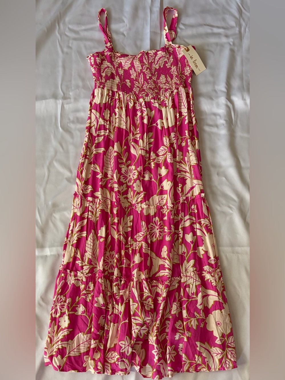 In Bloom Pink & Cream Floral Smocked Tiered Maxi dress size large NWT